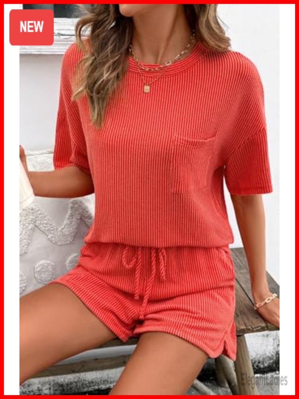 2 Piece Lounge Set - Short Sleeve Top with High Waisted Shorts and Pockets - Picture 4 of 7
